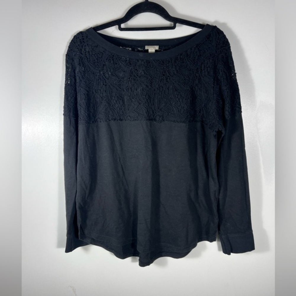HINGE Lace Trim Long Sleeve Crewneck Top Black Sz Large